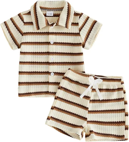 Vista 12 de MERSARIPHY Ropa para bebé niño de 6, 12, 18 meses, 2T 3T, traje de verano, punto gofre, a rayas, informal, camiseta y pantalones cortos
