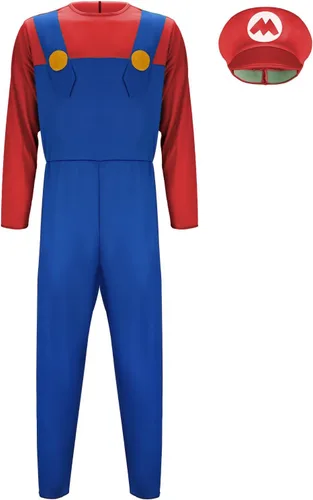 Vista 4 de Tappkice Disfraz de fontanero de Odyssey para adultos, disfraz de fontanero rojo y verde, sombrero de bigote, trabajo, Halloween, cosplay, uniforme