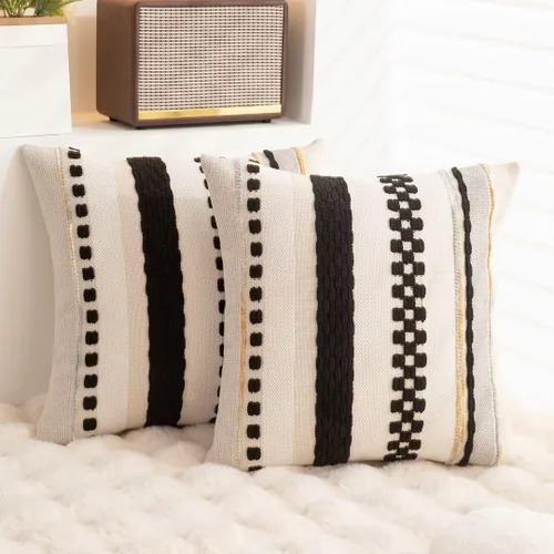 Vista 4 de Fundas de almohada decorativas estilo bohemio de 18x18, juego de 2, para sofá, cama, fundas de cojín cuadradas a rayas para granja, fundas