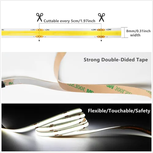 Vista 5 de GIDEALED Tira de luz LED COB de 32.8 pies, 24 V, 6000 K, tira de luces LED blancas superbrillantes, luz blanca fría, tira LED FCOB flexible CRI 90