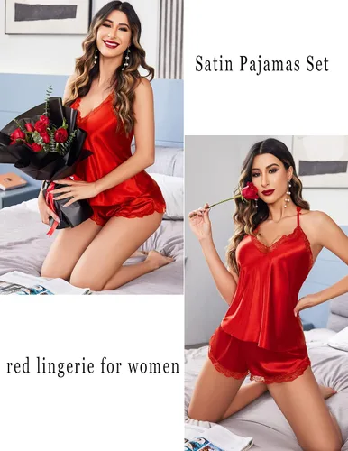 Vista 6 de Avidlove Conjunto de pijama de satén para mujer, lencería sexy, conjunto de camisola y pantalones cortos, tallas S-XXL