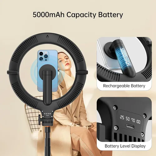 Vista 6 de Anillo de luz magnético de 10.2 pulgadas con trípode de 64 pulgadas para iPhone Mag Safe, anillo de luz recargable de 5000 mAh con soporte, trípode