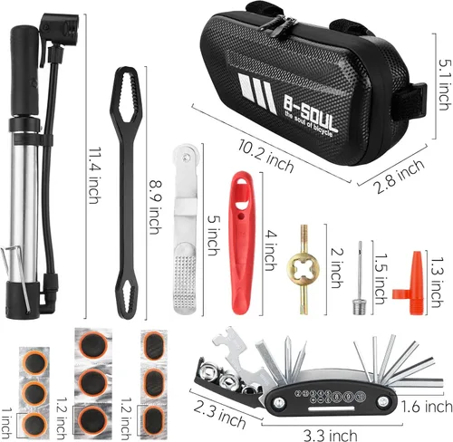 Vista 6 de Kit completo de reparación de bicicleta con bolsa impermeable y bomba de neumáticos estable Herramienta esencial para bicicleta, kit de parches