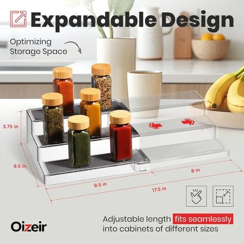 Vista 2 de Oizeir Estante organizador de especias expandible – 3 niveles – Estante transparente ajustable para organización de especias para armario de cocina
