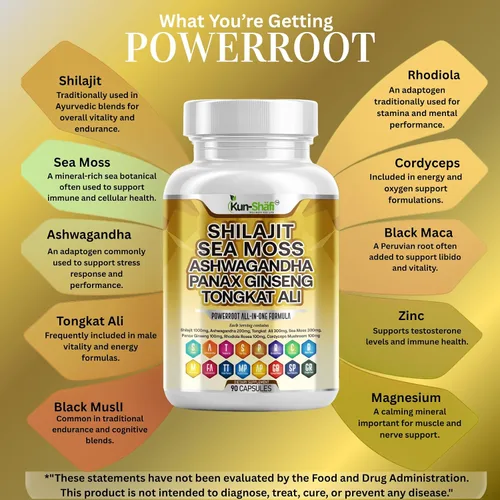 Vista 4 de Complejo Shilajit - Musgo marino, Tongkat Ali, Ashwagandha, Ginseng, zinc, CoQ10, PQQ y magnesio - Cápsulas de ácido fúlvico para energía, vitalidad