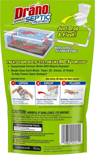 Vista 13 de Drano Advanced - Tratamiento para tanque séptico, evita la acumulación séptica de residuos sólidos, papel, aceite y grasa, 3 bolsas, 4.5 onzas