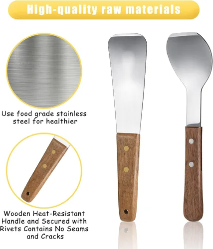 Vista 4 de Patelai 2 piezas de pala de helado de acero inoxidable con mango de madera, pala de mantequilla para postre, pala de metal plano para comedor