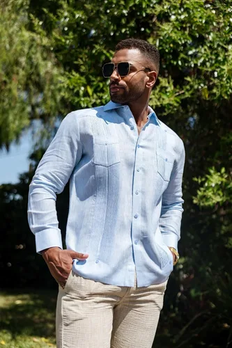 Vista 4 de Mojito - Camisa guayabera de manga larga para hombre, 100% lino, diseño de 2 bolsillos