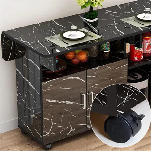 Vista 3 de Mesa de comedor plegable, mesa rectangular versátil con 4 ruedas, 5 estantes de almacenamiento, ahorro de espacio para comedor, cocina, ocio, mesa