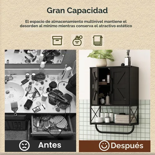 Vista 9 de RUSTOWN - Gabinete rústico de granja con dos puertas de granero, gabinete de almacenamiento de madera montado en la pared con estante ajustable