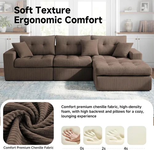 Vista 6 de Sofá modular en forma de L de 114 pulgadas con diván, sofá de pana sin hueso con otomana móvil, sofás de asiento profundo para sala de estar, sin