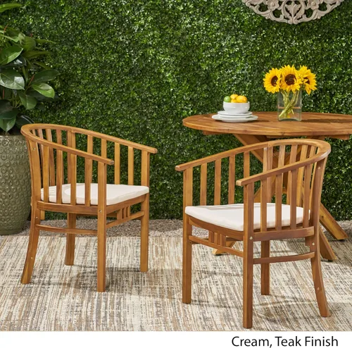 Vista 3 de Great Deal Furniture Nola - Sillas de comedor de madera para exteriores con cojines (juego de 2), acabado crema y teca, (309261)