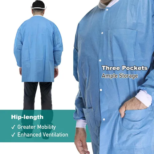 Vista 4 de Chaquetas de laboratorio desechables dentales Puños y cuello de punto suave SMS duraderos con 3 bolsillos Chaqueta de laboratorio médico