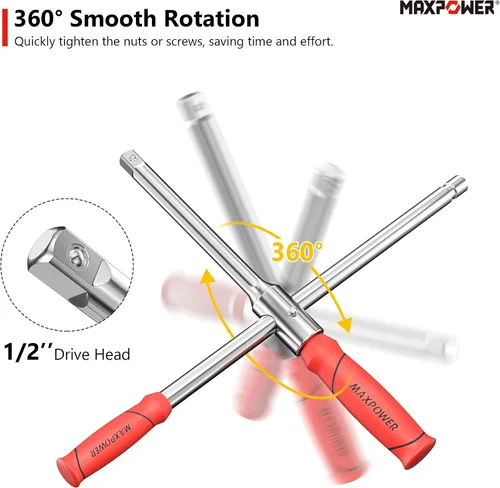 Vista 2 de MAXPOWER Llave para ruedas, Llave de neumático con transmisión de 1/2 pulgada y 2 piezas de llaves estándar (17 mm/19 mm, 21 mm/23 mm), Llave