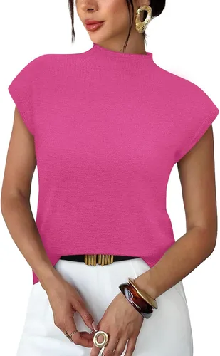 Vista 17 de Sampeel Suéter de manga corta para mujer, cuello alto, para verano, elegante, informal, básico, de punto