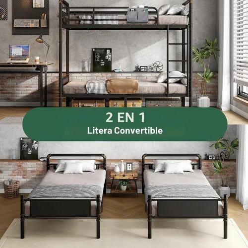 Vista 4 de Jocoevol Litera Doble sobre Doble, literas de metal resistente con escalera y barandilla de longitud completa, convertible en 2 camas individuales