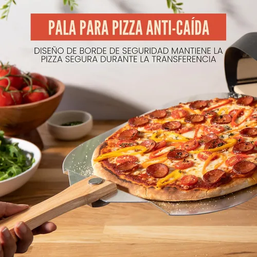 Vista 6 de Pomodoro pala para pizza de aluminio con asa de madera plegable para guardar fácilmente, de 12" x 14", para cocinar pan y pizzas en el hogar