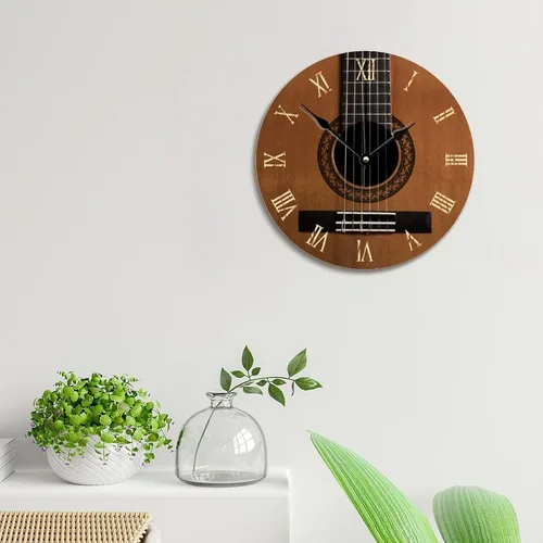 Vista 3 de Reloj de pared con aspecto de madera natural, reloj de pared de guitarra acústica, silencioso, redondo, de madera, funciona con pilas, reloj