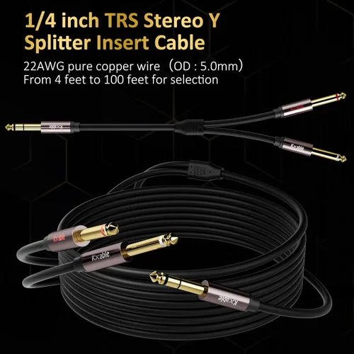 Vista 6 de Cable de audio estéreo TRS de 1/4 de pulgada a doble 1/4 de pulgada con inserción en Y de 4 pies (paquete de 2), macho de 0.250 in a 2 cables macho