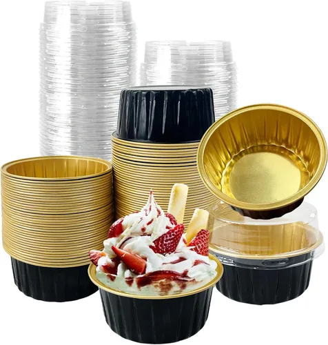 Vista 17 de 100 piezas de tazas de aluminio con tapas, 5 onzas de tazas desechables de ramekin para hornear, forros para magdalenas, mini moldes para tartas