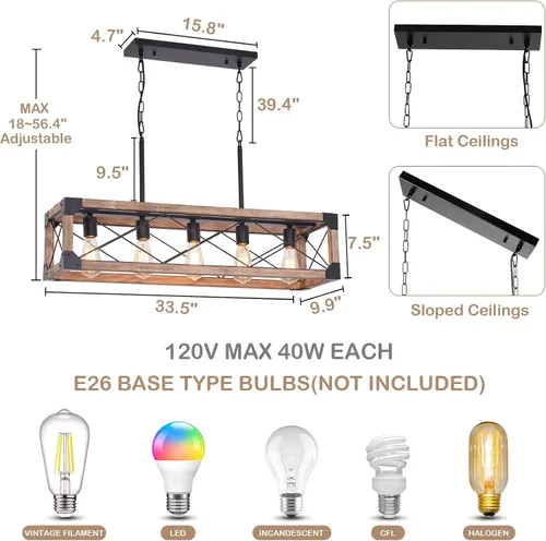 Vista 5 de Iluminación de Isla de Cocina Estilo Granja, Lámpara de Comedor de 5 Luces, Candelabro Lineal Estilo Granja con Madera Maciza para Comedor Cocina