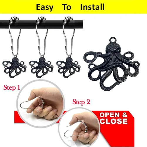 Vista 6 de Juego de 12 ganchos decorativos de acero inoxidable para cortina de ducha de pulpo, para el hogar, baño