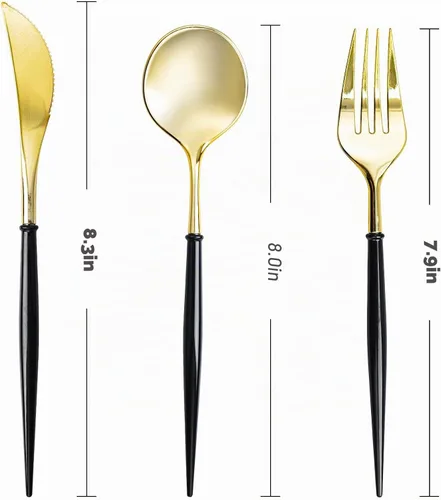 Vista 2 de N9R Juego de cubiertos de plástico dorado - 90 piezas con mango negro - Cubiertos de plástico elegantes, resistentes - 30 cucharas, 30 tenedores, 30