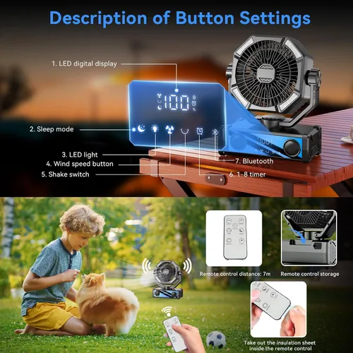 Vista 3 de Ventilador portátil recargable con altavoz Bluetooth 5.3, ventilador de campamento de 25000 mAh con control táctil de 5 velocidades y luz LED de 3