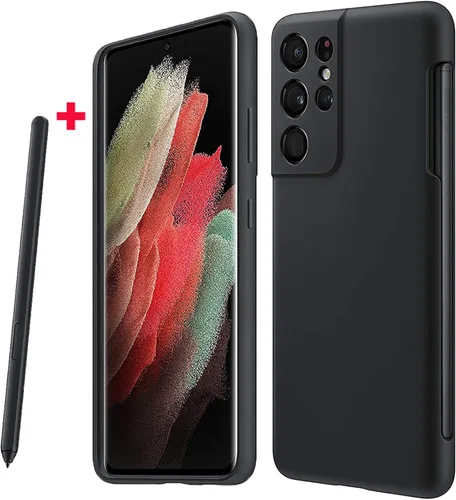 Vista 8 de Funda para Galaxy S21 Ultra con soporte para bolígrafo S, silicona líquida con ranura para lápiz capacitivo (bolígrafo no incluido), protección Negro