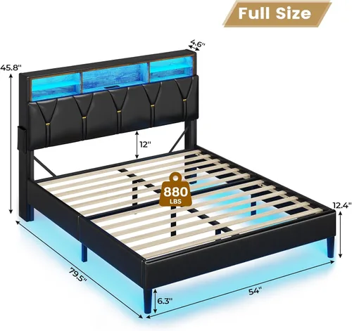 Vista 2 de BTHFST Marco de cama tamaño completo con luces LED y estación de carga, marco de cama LED tamaño completo con almacenamiento de cabecero, cama negro