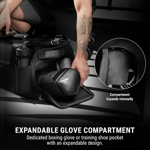 Vista 4 de Bolsa de gimnasio deportiva Hayabusa Airstream para mujeres y hombres - Bolsa de lona negra de 50 l - 7 bolsillos con cremallera, buena para viajes