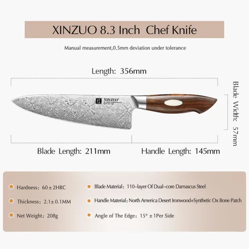Vista 5 de XINZUO Cuchillo de chef de acero de Damasco de 8.3 pulgadas, 110 capas, cuchillo de cocina profesional forjado a mano, espiga completa, cuchillo