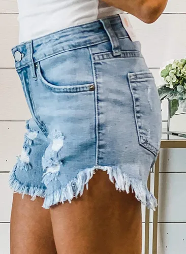 Vista 3 de QACOHU Pantalones cortos de mezclilla casuales de verano para mujer, cintura media, elásticos, rasgados, pantalones cortos casuales