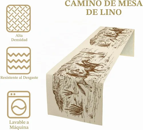 Vista 3 de Camino de mesa de lino de algodón, cuchillo de cocina occidental, tenedor, colección de mesa rectangular, desierto salvaje oeste americano