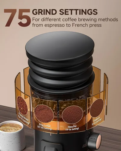 Vista 5 de AMZCHEF Molinillo de café de dosis única, baja retención, 75 ajustes, negro
