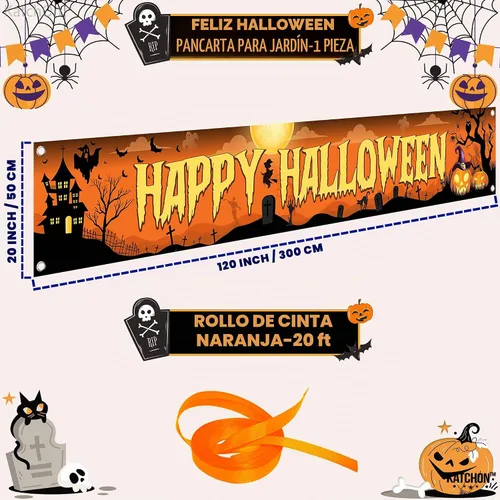Vista 2 de Katchon - Pancartas de feliz Halloween para exteriores, 120 x 20 pulgadas Naranja