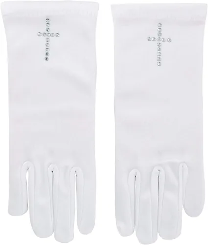 Vista 4 de First Communion Gloves blanco para niña con cruz de diamantes de imitación, talla M, Blanco