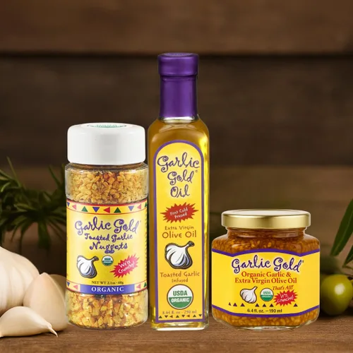 Vista 3 de Garlic Gold Aceite de oliva virgen extra infundido con ajo, certificado orgánico USDA premium, bajo FODMAP, prensado en frío (8.44 onzas líquidas)