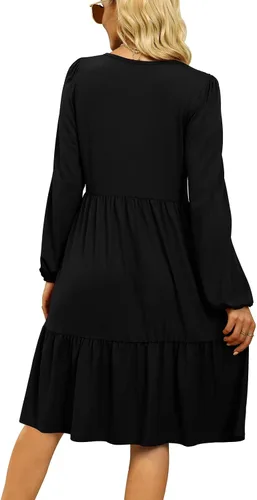 Vista 5 de Vestido de manga larga con cuello cuadrado para mujer, casual, manga abombada, ropa de otoño plisada
