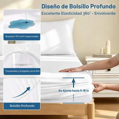 Vista 5 de Protector de colchón King de alta calidad, 100 % impermeable, sin ruido, transpirable, suave, bolsillo profundo ajustado de 8 a 21 pulgadas, sin