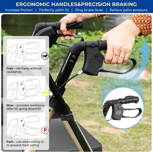Vista 8 de Andador Rollator plegable para personas mayores con asiento, 2 en 1 ligero, silla de ruedas con ruedas para adultos, silla de transporte con frenos
