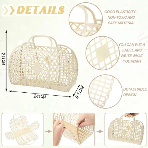 Vista 4 de Hsei 16 bolsas de gelatina para niñas, cesta de Pascua, reutilizable, bolsa de playa de plástico para playa, cesta de regalo para niños y niñas Beige