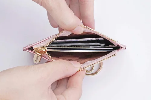 Vista 4 de Carteras pequeñas de cuero delgado para mujeres, tarjetero, cartera, monedero con llavero