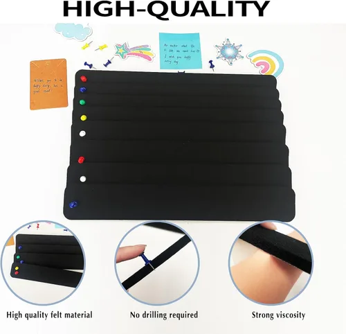 Vista 4 de 8 piezas de tiras de tablero de pines de fieltro negro, tiras de tablero de anuncios autoadhesivas, tableros de corcho para paredes con 35