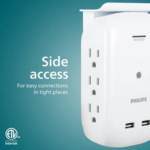 Vista 3 de Philips SPS6026WA/37 - Extensor de 6 tomas, 2 USB, adaptador de acceso lateral, grifo de pared, estante extraíble para dispositivos, luz indicadora