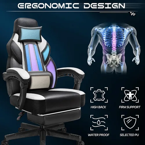 Vista 6 de Silla de juegos para adultos, sillas de juegos con reposapiés, silla ergonómica de videojuegos con masaje lumbar grande y alta silla de computadora