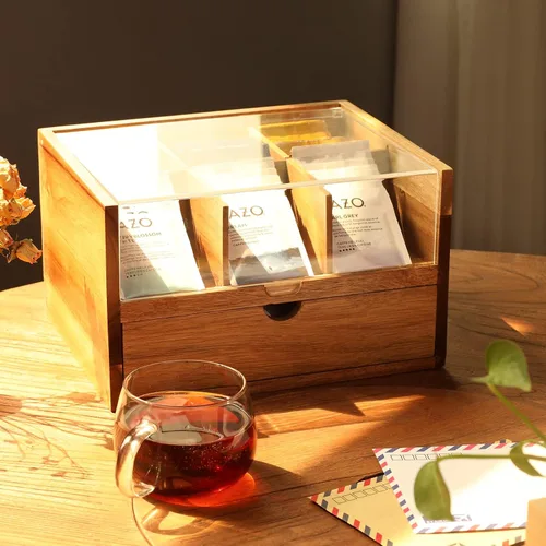 Vista 3 de HTB Organizador de té grande de 2 niveles con cajón y caja de té pequeña