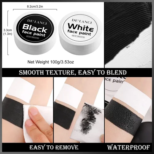 Vista 6 de DE'LANCI Face Paint Black + White Clown Makeup Face Body Paint Set, High Pigment Professional Oil-Based Cosmetic Paint for Halloween SFX Makeup