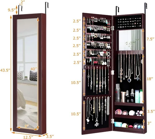 Vista 7 de Giantex Armario de joyería montado en la puerta con espejo de longitud completa organizador de joyas con espejo de maquillaje ranuras
