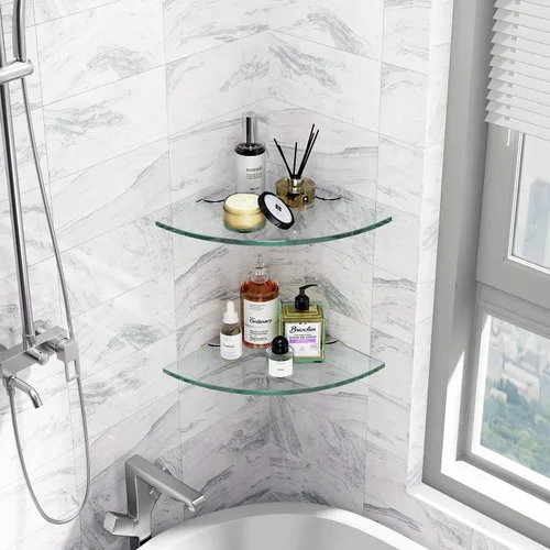 Vista 2 de Estante esquinero de vidrio para baño, estante de ducha de vidrio templado, organizador de ducha, soporte para champú, sin perforaciones